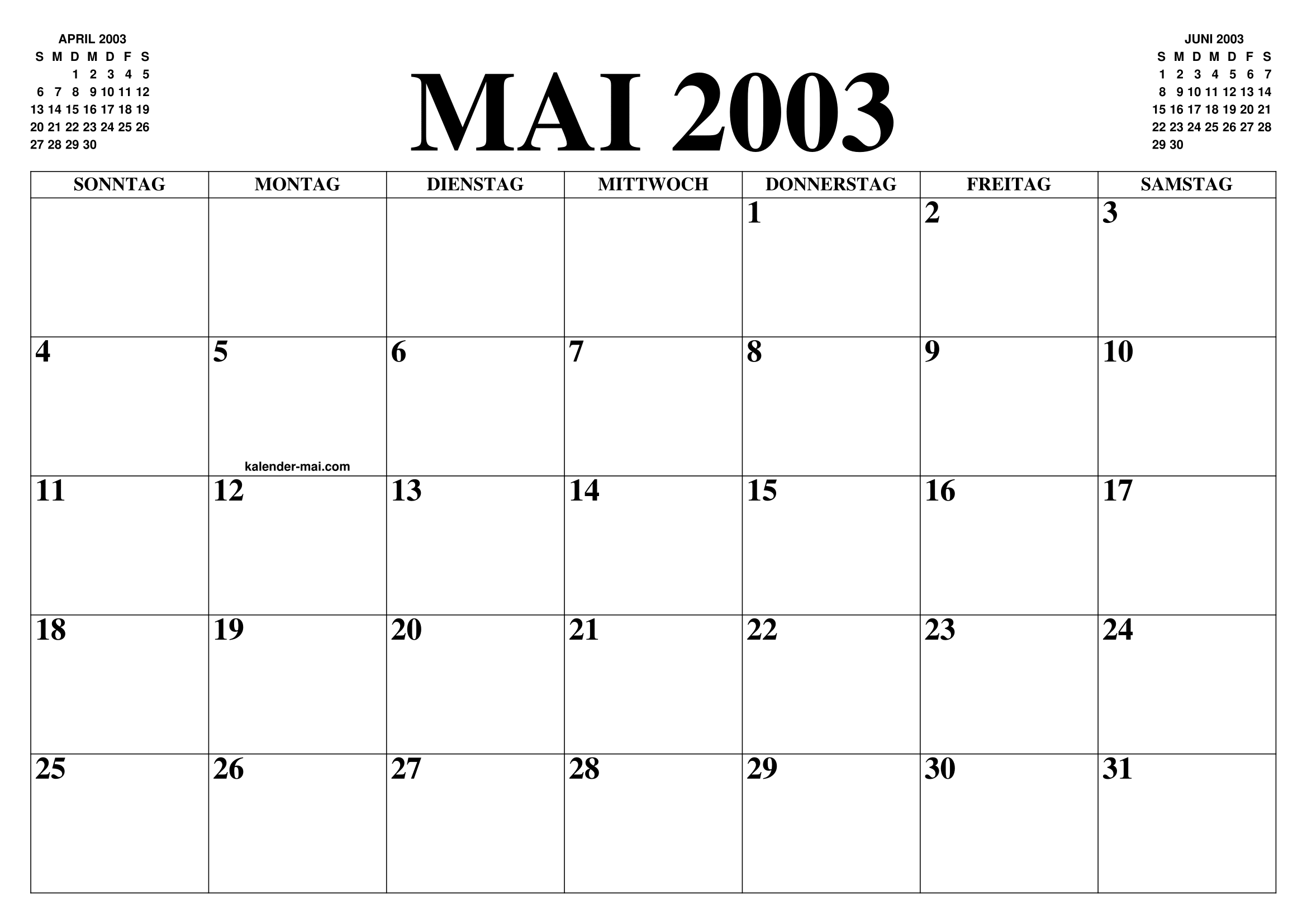 KALENDER MAI 2003 : MAI KALENDER ZUM AUSDRUCKEN GRATIS MONAT UND JAHR 
