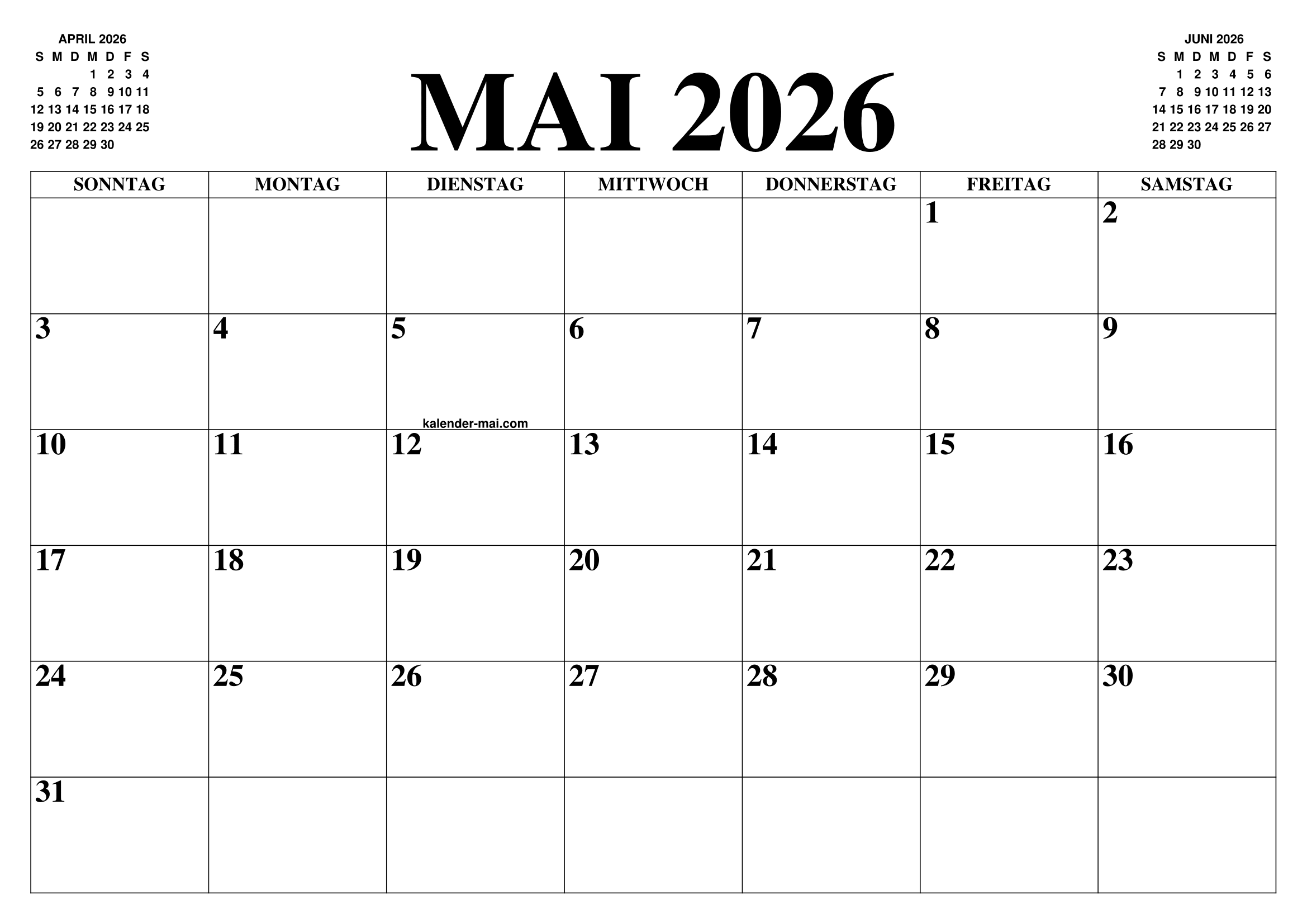 KALENDER MAI 2026 MAI KALENDER ZUM AUSDRUCKEN GRATIS MONAT UND JAHR